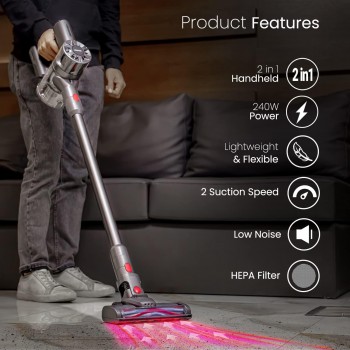 Geepas 2-in-1 Cordless Upright Handheld Stick Vacuum Cleaner - Rechargeable Powerful 22.2v Lithium Battery & LED Brush, for Hard Floor, Carpet.