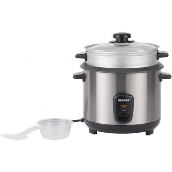 Geepas 1.5 L Multifunctional Rice Cooker- GRC35040| Durable Construction with Cool Touch Handle|Equipped with Tempered Glass Lid, Rice Spoon