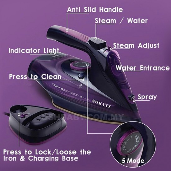 SOKANY SK-2085 2400W New high quality wireless steam iron 360ml Water tank - Purple