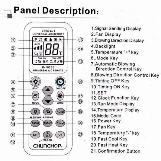 Universal Remote Control for Air Conditioner K-1028E 