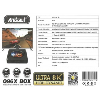 Andowl TV Box Q96X 8K UHD with WiFi 4GB RAM and 64GB Storage with Android 12 Operating System