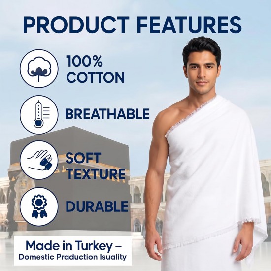  Men's Ihram for Hajj & Umrah – 2-Piece 100% Cotton Set, Soft & Breathable